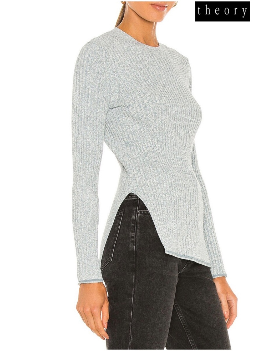THEORY WOMEN NWT MOULINE RIBBED KNIT L/S VISCOSE EGGSHELL BLUE SWEATER. SIZE M